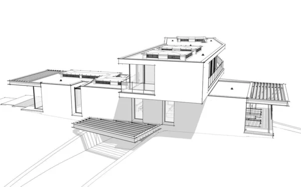 3D απόδοση του σύγχρονου σπιτιού στο λόφο με μαύρη γραμμή στην πισίνα — Φωτογραφία Αρχείου