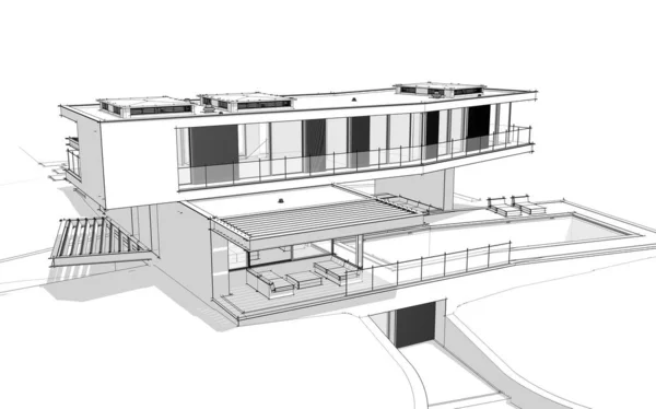 언덕 위에 있는 현대 가옥 의 3 차원 렌더링 on pool black line — 스톡 사진