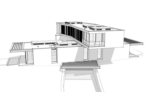 3D-återgivning av modernt hus på kullen med pool svart linje på — Stockfoto