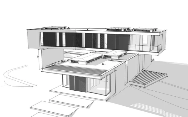 3D-s renderelés modern ház a dombon medencével fekete vonal — Stock Fotó