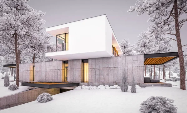 3d rendering of modern house on the hill with pool in winter eve