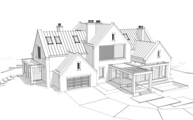 Havuz temizleyicisiyle göletlerin üzerindeki modern tıkırtı evinin 3D görüntüsü.