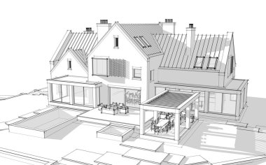 Havuz temizleyicisiyle göletlerin üzerindeki modern tıkırtı evinin 3D görüntüsü.