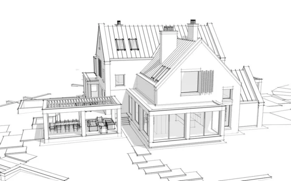 3d representación de la casa clinker moderna en los estanques con piscina blac — Foto de Stock