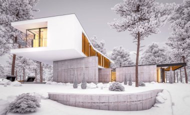 Kış arifesinde havuzlu tepedeki modern evin 3D görüntüsü.