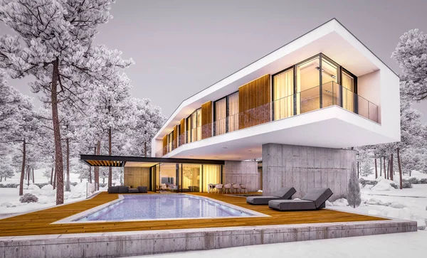 3d rendering of modern house on the hill with pool in winter eve
