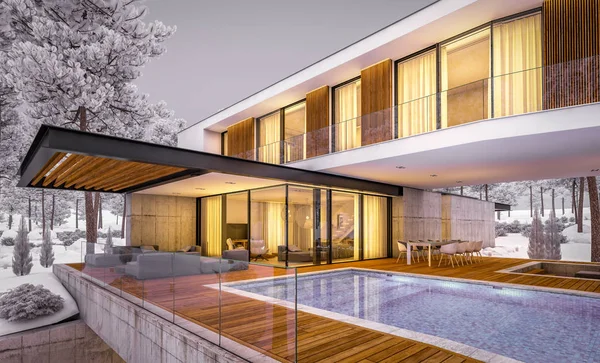 3D рендеринг современного дома на холме с бассейном в зимний вечер — стоковое фото