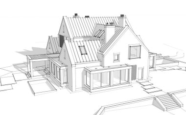 Havuz temizleyicisiyle göletlerin üzerindeki modern tıkırtı evinin 3D görüntüsü.