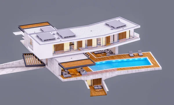 3D απόδοση του σύγχρονου σπιτιού στο λόφο με πισίνα απομονωμένη σε g — Φωτογραφία Αρχείου