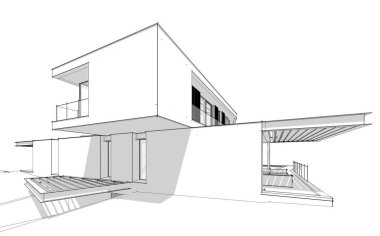 Tepenin üstündeki, üzerinde siyah bilardo çizgisi olan modern evin 3D görüntüsü.
