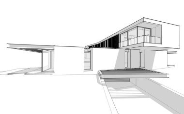 Tepenin üstündeki, üzerinde siyah bilardo çizgisi olan modern evin 3D görüntüsü.