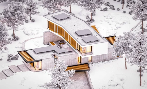 3d renderowania nowoczesnego domu na wzgórzu z basenem w zimową noc — Zdjęcie stockowe