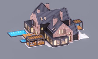 e havuzlu göletlerde modern klinker evin 3d render