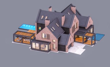 e havuzlu göletlerde modern klinker evin 3d render