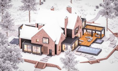w havuzlu havuzlarda modern klinker evin 3d render
