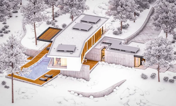 겨울 전 풀장 이 있는 언덕 위에 있는 현대식 집 의 3D 렌더링 — 스톡 사진