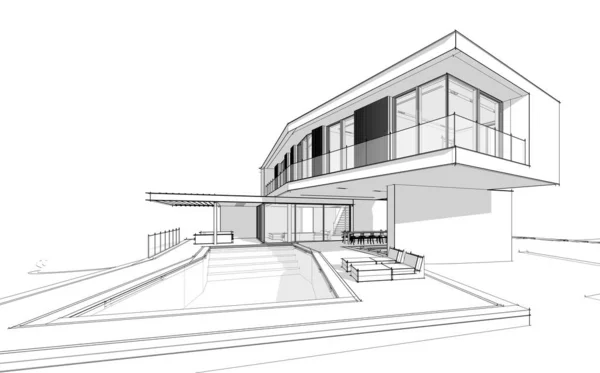 3d rendering of modern house on the hill with pool black line on — Stock Photo, Image