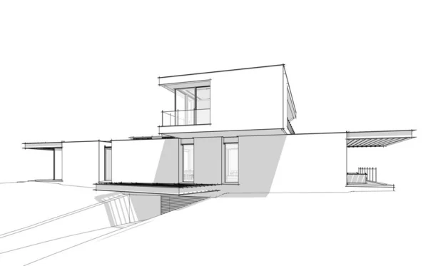 丘の上の近代的な家の3Dレンダリング上のプールブラックライン — ストック写真