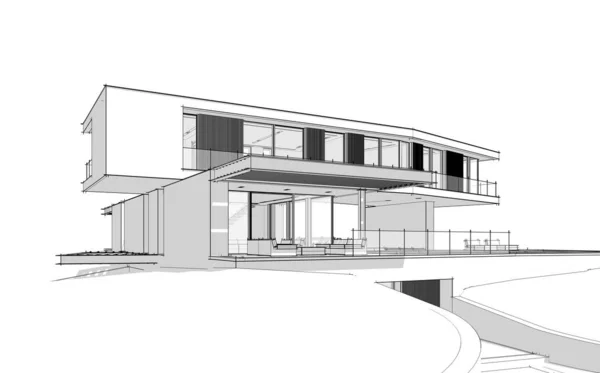 언덕 위에 있는 현대 가옥 의 3 차원 렌더링 on pool black line — 스톡 사진
