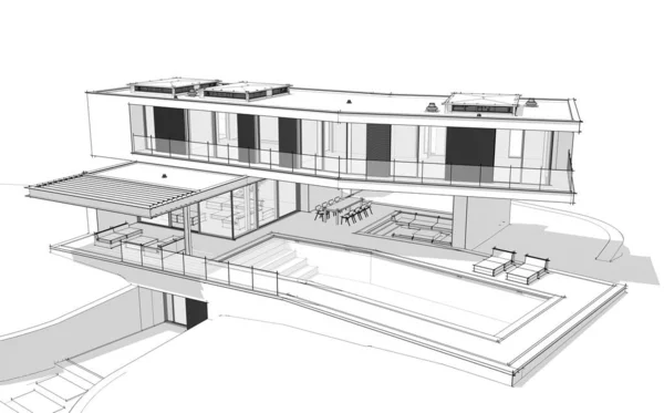 3D візуалізація сучасного будинку на пагорбі з чорною лінією басейну — стокове фото