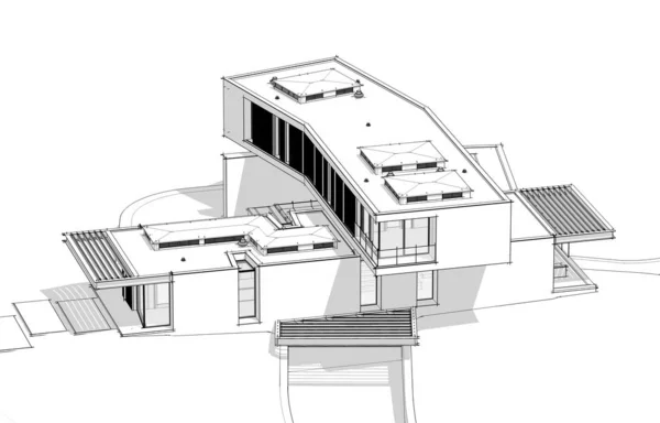 3d rendu de maison moderne sur la colline avec piscine ligne noire sur — Photo