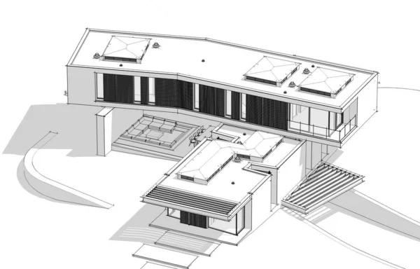 3D-s renderelés modern ház a dombon medencével fekete vonal — Stock Fotó