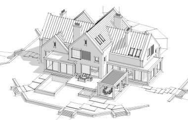 Havuz temizleyicisiyle göletlerin üzerindeki modern tıkırtı evinin 3D görüntüsü.