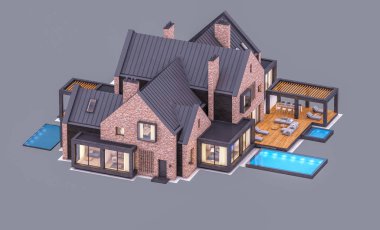 e havuzlu göletlerde modern klinker evin 3d render