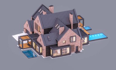 e havuzlu göletlerde modern klinker evin 3d render