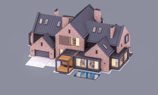 3D-rendering av modern klinker House på dammarna med pool i e — Stockfoto