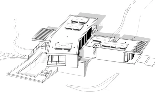 3D візуалізація сучасного будинку на пагорбі з чорною лінією басейну — стокове фото
