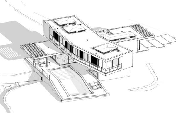 3d representación de la casa moderna en la colina con la línea de la piscina negro en — Foto de Stock