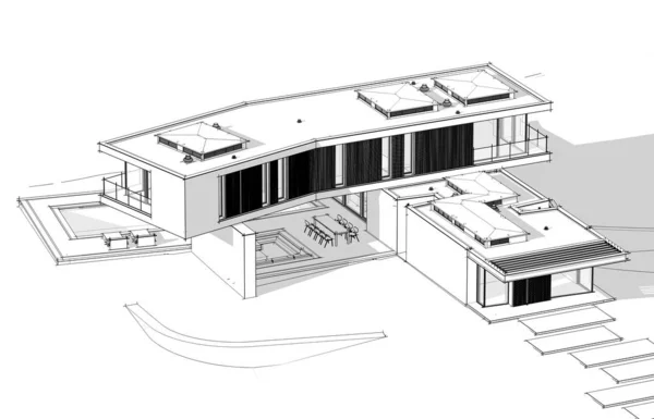 3d representación de la casa moderna en la colina con la línea de la piscina negro en — Foto de Stock