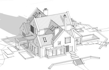 Havuz temizleyicisiyle göletlerin üzerindeki modern tıkırtı evinin 3D görüntüsü.