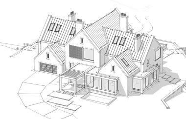 Havuz temizleyicisiyle göletlerin üzerindeki modern tıkırtı evinin 3D görüntüsü.