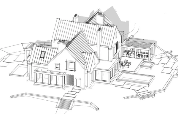 3d renderowania nowoczesnego domu klinkierowego na stawach z basenem blac — Zdjęcie stockowe
