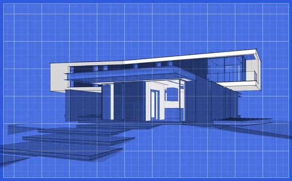 Tepenin üstündeki, üzerinde siyah bilardo çizgisi olan modern evin 3D görüntüsü. — Stok fotoğraf