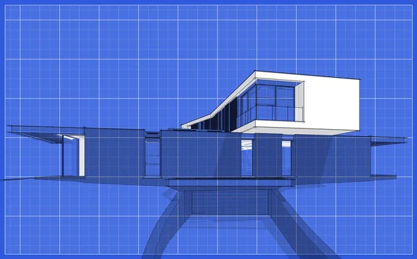 山体上现代房屋的3D渲染，山体上有黑线 — 图库照片
