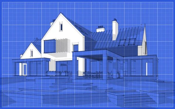 3D vykreslování moderního slínkového domu na rybnících s bazénem blac — Stock fotografie