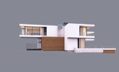 Akşamları modern evin nehir kenarındaki 3 boyutlu görüntüsü izole edilmiş.