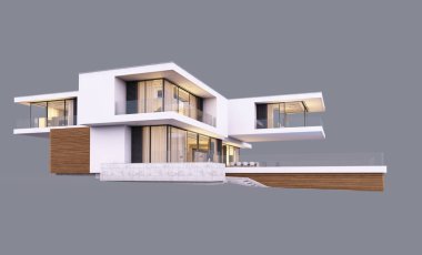 Akşamları modern evin nehir kenarındaki 3 boyutlu görüntüsü izole edilmiş.