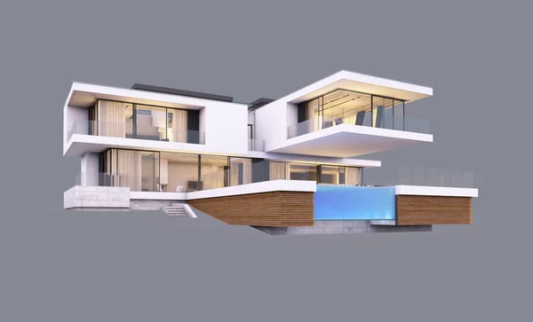 3d rendering della casa moderna sul fiume la sera isolato su — Foto Stock