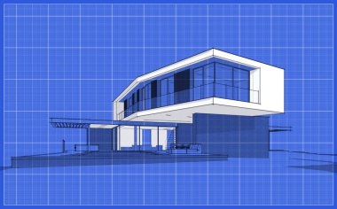Tepenin üstündeki, üzerinde siyah bilardo çizgisi olan modern evin 3D görüntüsü.