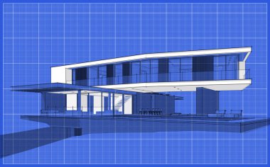 Tepenin üstündeki, üzerinde siyah bilardo çizgisi olan modern evin 3D görüntüsü.