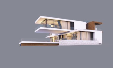 Akşamları modern evin nehir kenarındaki 3 boyutlu görüntüsü izole edilmiş.