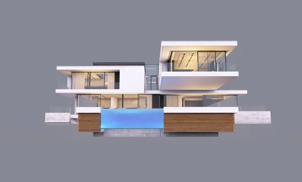 3d rendering van modern huis aan de rivier 's avonds geïsoleerd op — Stockfoto