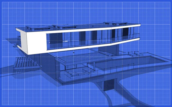 3d rendering van modern huis op de heuvel met zwembad zwarte lijn op — Stockfoto