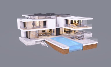 Akşamları modern evin nehir kenarındaki 3 boyutlu görüntüsü izole edilmiş.