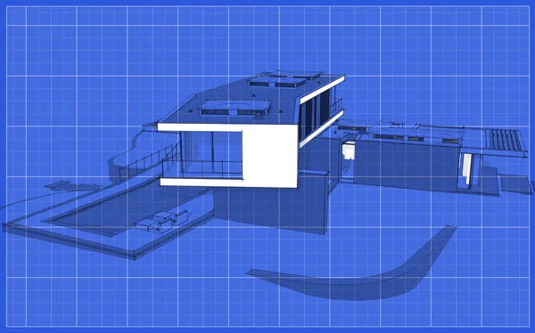 3D рендеринг современного дома на холме с бассейном черная линия на — стоковое фото