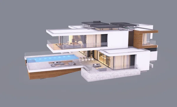 3d rendering van modern huis aan de rivier 's avonds geïsoleerd op — Stockfoto